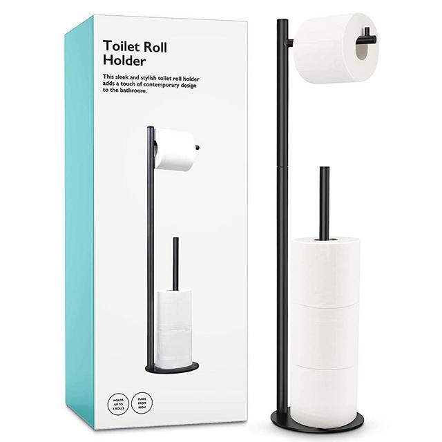 Black Toilet Paper Holder Stand, Bathroom Toilet Paper Roll Holder Stand with Reserve, Standing Toilet Paper Holder with Storage