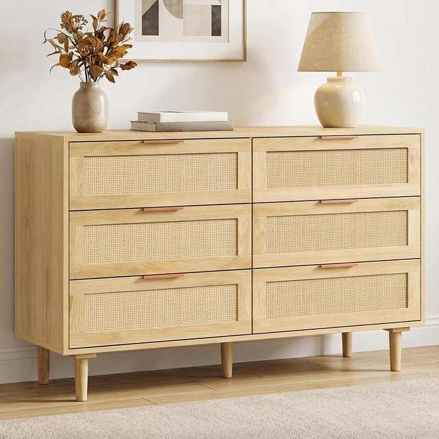 LAZZO 6 Drawer Dresser for Bedroom Dresser for Closet Rattan Chest of Drawers Mid Century Modern TV Stand with Golden Handles for Closet, Living Room and Apartment (Natural Wood)