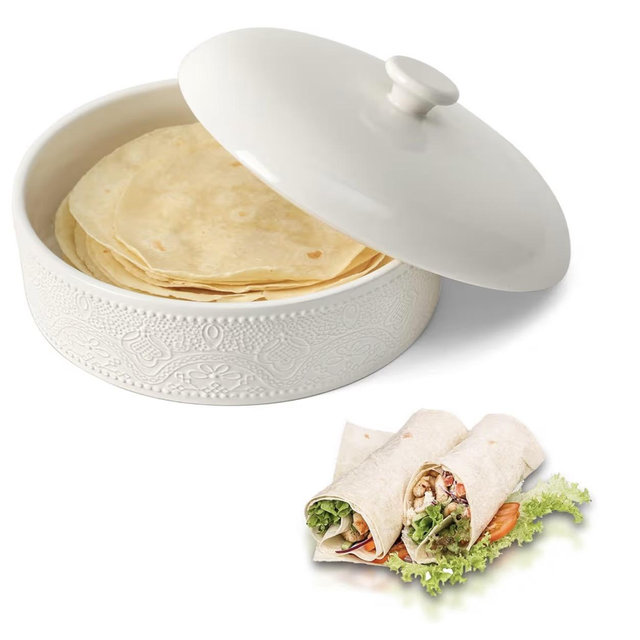 Ceramic Tortilla Warmer,Lace Emboss 8.8 Inch Tortilla Holder with Lid for Taco Tuesday, Mexican Night and Party,Taco Bread Pancake,Tortilleros Para Las Tortillas Caliente (Bright White)