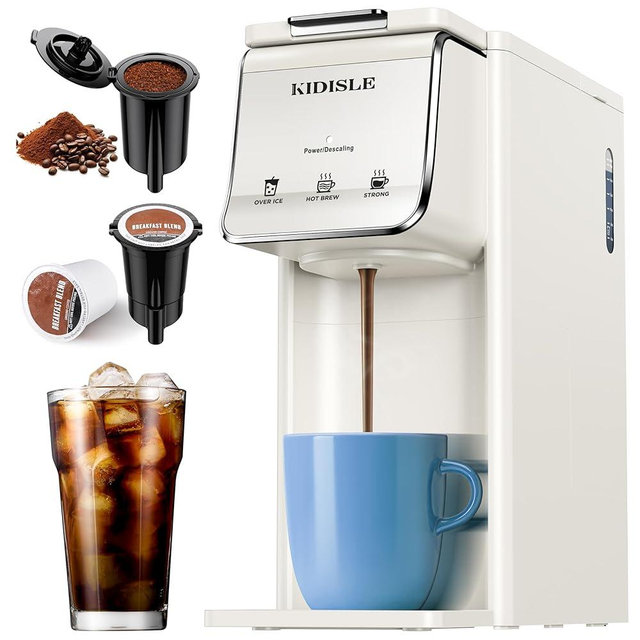 KIDISLE Hot & Iced Coffee Maker for K-Cups & Ground Coffee, Single-Serve Brewer with Bold Setting, Reusable Filter, Travel Mug Friendly, Compact & Quick Brew, White