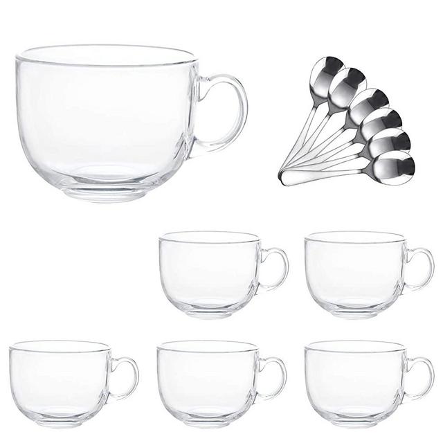 16oz Glass Jumbo Mugs With Handle For Coffee, Tea, Soup,Clear Drinking Cup With Spoon,Set of 6