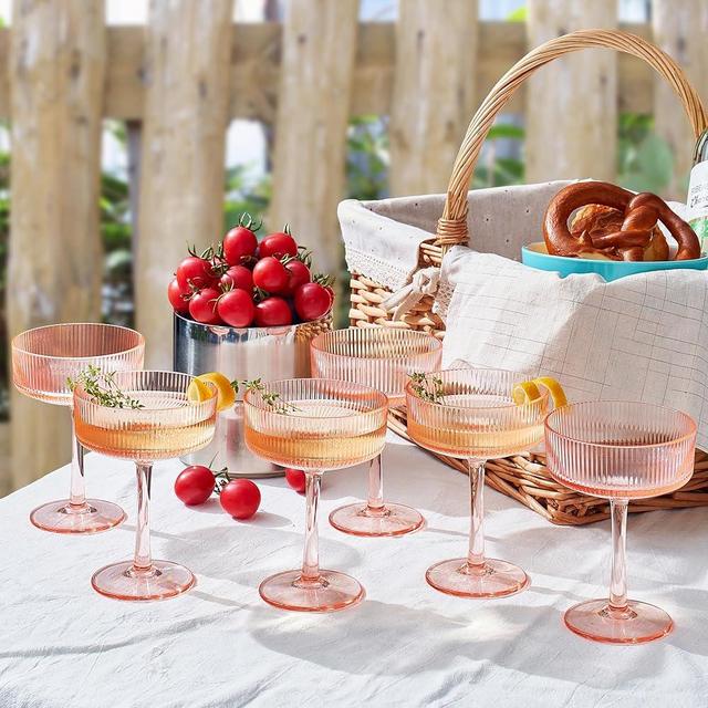 Shatterproof Acrylic Ribbed Vintage Art Deco Martini, Champagne & Cocktail Pink Color Plastic Tritan Coupe Glasses | Set of 6 | 8 oz Ripple Glassware Classic Cocktail Indoor & Outdoor, European Style