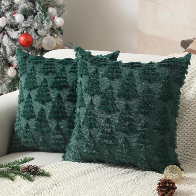 Allorry Christmas Pillow Covers 18 x 18 Set of 2 Dark Green Christmas Tree Pillow Cases Plush Faux Fur Soft Cushion Case for Winter Xmas Holiday Home Bedroom Sofa Decors SY-003-A18