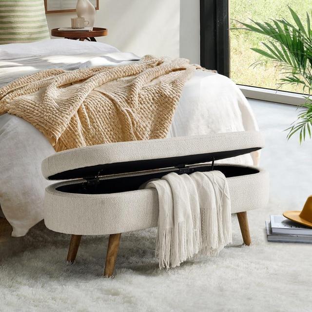 Zaboro Oval Storage Ottoman Bench, 43.5 Inches Ottoman with Storage, Linen Upholstered Bench with Storage, Safety Hinge Flip Top, Solid Wood Legs for Living Room, Entryway, 250 lbs Load, Beige