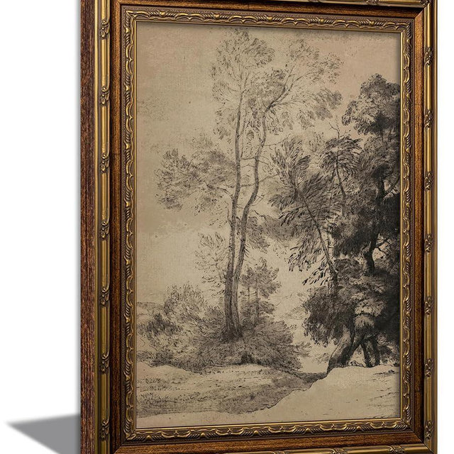 Vintage Gold Framed Wall Art Rustic Farmhouse Gray Natural Sketch Canvas Painting Picture Wall Decor Retro Tree Forest Landscape Poster Print Artwork for Living Room Bedroom Bathroom