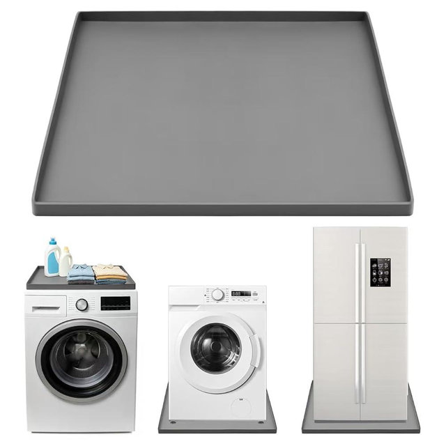 27"x27" Silicone Washing Machine Drain Pan, Waterproof Leak-Proof Washer Dryer Mat with Raised Edge, Non-Slip Anti-Vibration Floor Protector Drip Tray (Grey)