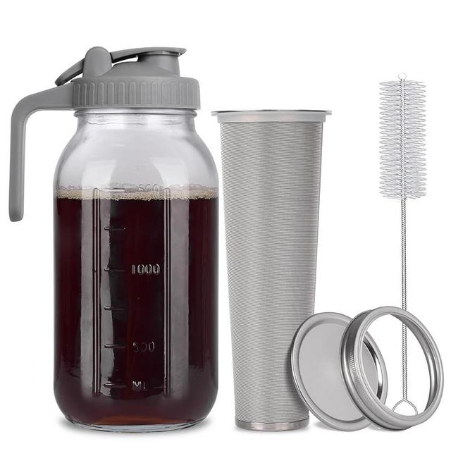 Cold Brew Mason Jar iced Coffee Maker, Durable Glass, 64 oz (2 Quart / 1.9 Liter), With Handle& Stainless Steel Filter for Iced Brew Coffee, Lemonade, Ice Tea, Homemade Fruit Drinks Container