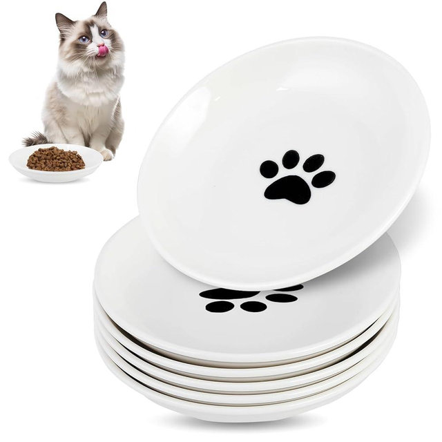 6 Pack Cat Food Bowl, Ceramic Cat Bowls, Anti Whisker Fatigue Cat Dishes Set,Shallow Wide Kitten Plates for Food and Water, 5.5 Inches Kitten Bowls Cute Cat Feeding Bowls Set (Cat's Paw Style)