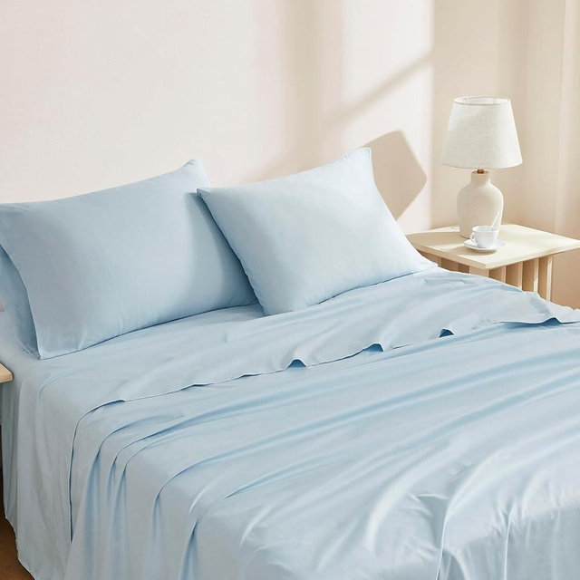 Linen Closet Organic 100% Cotton Queen Sheet 4 Pcs Set, 18” Deep Pocket, Light Blue | Lightweight, Eco-Friendly Cotton, Percale Softness, Durable & Breathable, Naturally Cooling | All Season Comfort