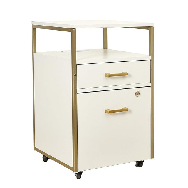 Modern 2-Drawer Rolling File Cabinet with Lock, 2 USB Ports and Power Outlet for Device Charging, Portable File Organizer or Printer Stand for Office or Home with Locking Wheels, White & Gold
