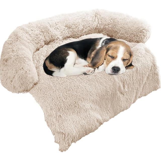 Calming Dog Bed Fluffy Plush Dog Mat for Furniture Protector with Removable Washable Cover for Large Medium Small Dogs and Cats (Small(35x31x5),Beige)