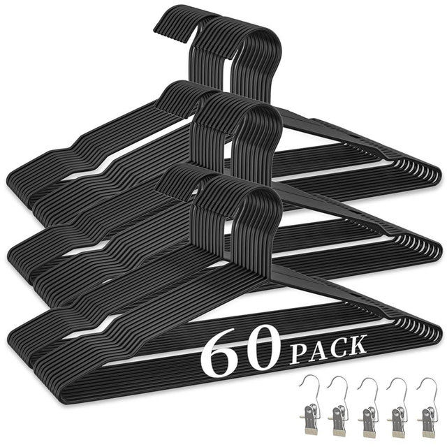 60Pack Metal Wire Hangers+5 Clothes Pins, 16.5" Wire Clothes Hangers for Standard Sized Shirt, Suits, Jackets, Skirts, Ultra Thin Space Saving, Bulk for Home and Commercial