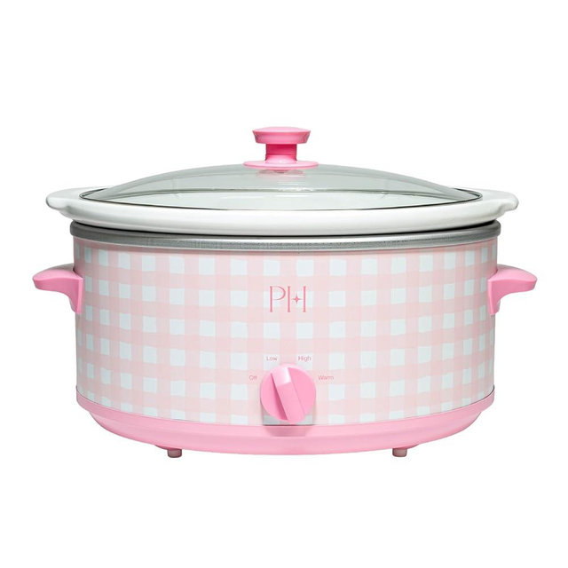 Paris Hilton 6-Quart Manual Slow Cooker, Features Three Settings (Low, High, Warm), Naturally Nonstick and Dishwasher Safe Stoneware Insert, Family Sized Capacity, Gingham Pink