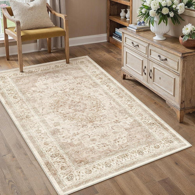 WondRg 3x5 Beige Washable Vintage Area Rug for Living Room Bedroom Soft Tranditional Non Slip Throw Rug Lightweight Floral Low Pile Distressed Carpet Entrance Laundry Room Office