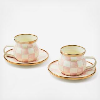 Rosy Check Stainless Steel Espresso 4-Piece Cup & Saucer Set