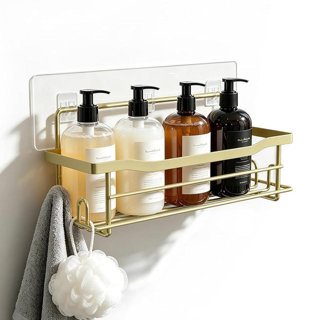 BATHDESIGN Shower Caddy Shelves Organizer Rack, Single Pack Shower Shelf, Caddies for Shampoo Soap Bathroom Waterproof Adhesive Holder, No Drilling Wall Mounted Self, Matte Gold