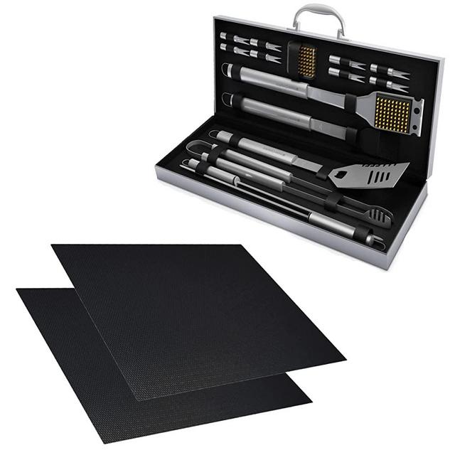 18-Piece-Set of Grill Accessories – 15 Stainless-Steel BBQ Tools with Carrying Case and 2-Pack Non-Stick Reusable BBQ Mat Set by Home-Complete