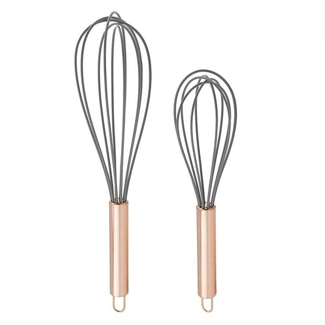 COOK WITH COLOR Silicone Whisks for Cooking, Stainless Steel Wire Whisk Set of Two - 10” and 12”, Heat Resistant Kitchen Whisks, Balloon Whisk for Nonstick Cookware - Rose Gold and Grey