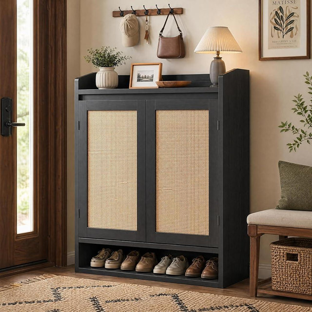 GarveeHome Modern Rattan Shoe Cabinet for Entryway, Wooden Shoe Storage Organizer with Adjustable Shelves, Closed Dustproof Shoe Rack for Hallway, Bedroom, Living Room, Black