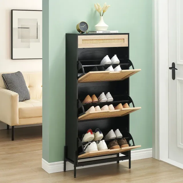 Rattan Shoe Cabinet with 3 Flip Door and 1 Drawer, Shoe Storage Organizer Shoe Rack, Wooden Free Standing Shoe Racks for Entryway Hallway, Black+Oak