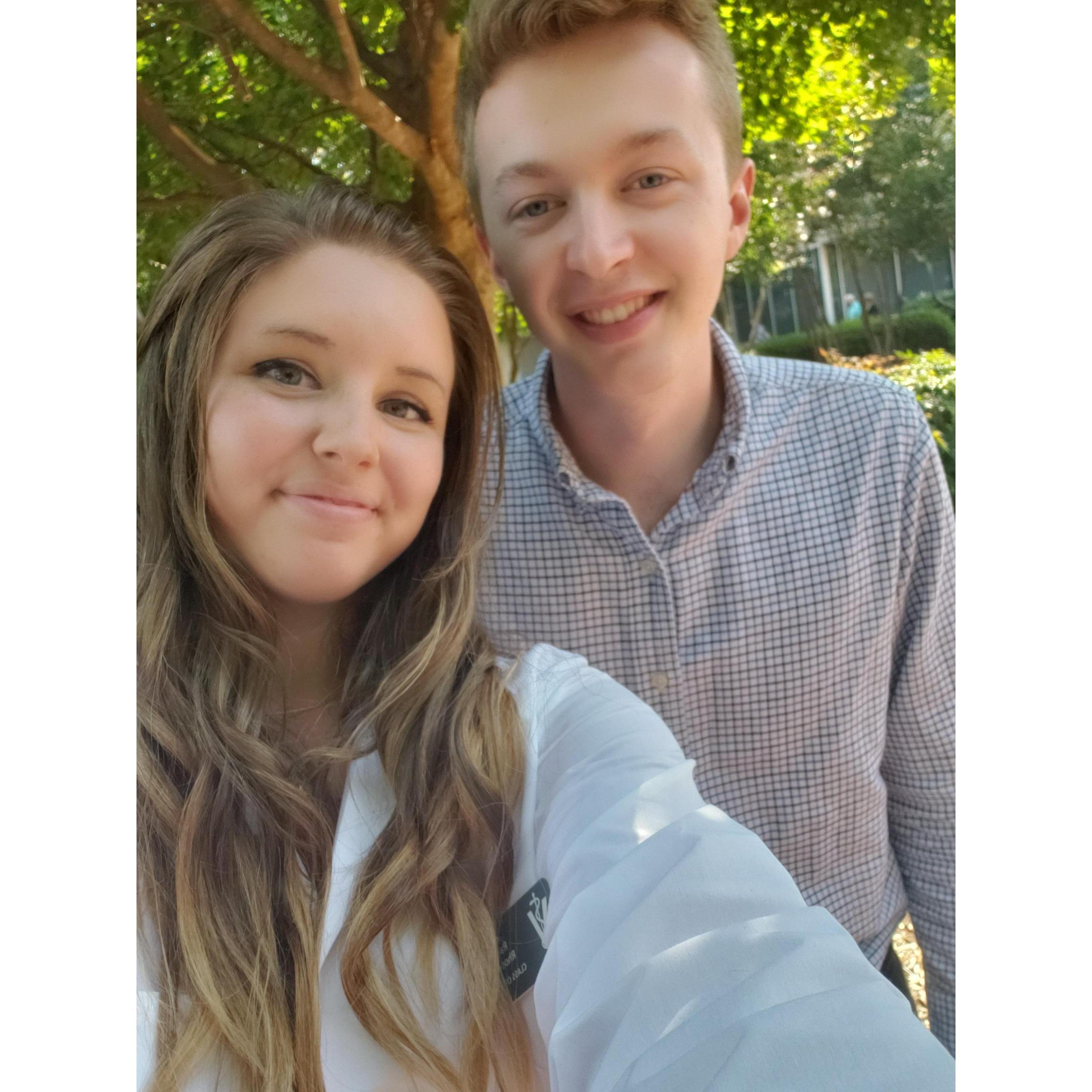 Hannah and Bradly celebrate Hannah's indoctrination to the NCSU College of Veterinary Medicine at the white coat ceremony, August 2019