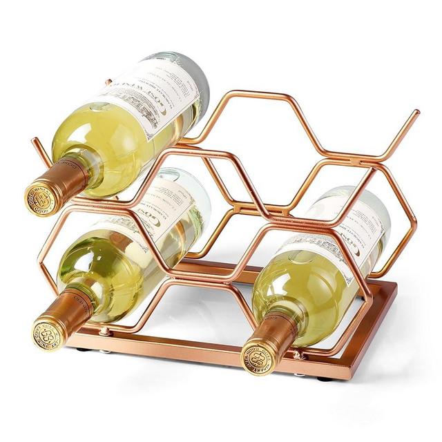 Drincarier Countertop Wine Rack - 5 Bottle Freestanding Rose Gold Metal Small Wine Rack - Tabletop Wine Holder Stand for Cabinet, Pantry, Wine Bottle Storage