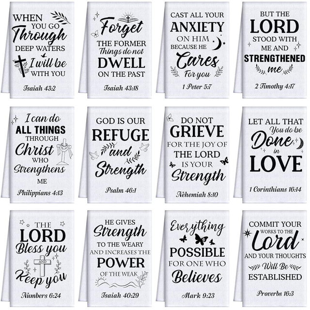FuWeave 12 Pcs Religious Christian Kitchen Dish Towel 15.7'' x 23.6'' Christian Gifts for Women Men Bible Verse Dishcloth Absorbent Scripture Tea Towel for Housewarming Decor(White and Black,Classic)