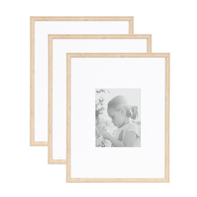 Kate and Laurel Adlynn Rectangle Picture Frame Set of 3, 16 x 20 matted to 8 x 10, Natural, Transitional Three-Piece Frame Set for Gallery Wall Frame Set in Living Room Wall Decor