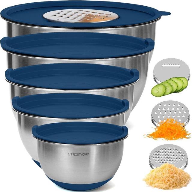 Priority Chef Stainless Steel Mixing Bowls with Lids Set, 3 Grater Attachments, Airtight Lids, Non-Slip Silicone Base Mixing Bowl Set, Large Prep Metal Mixing Bowls for Kitchen, Blue
