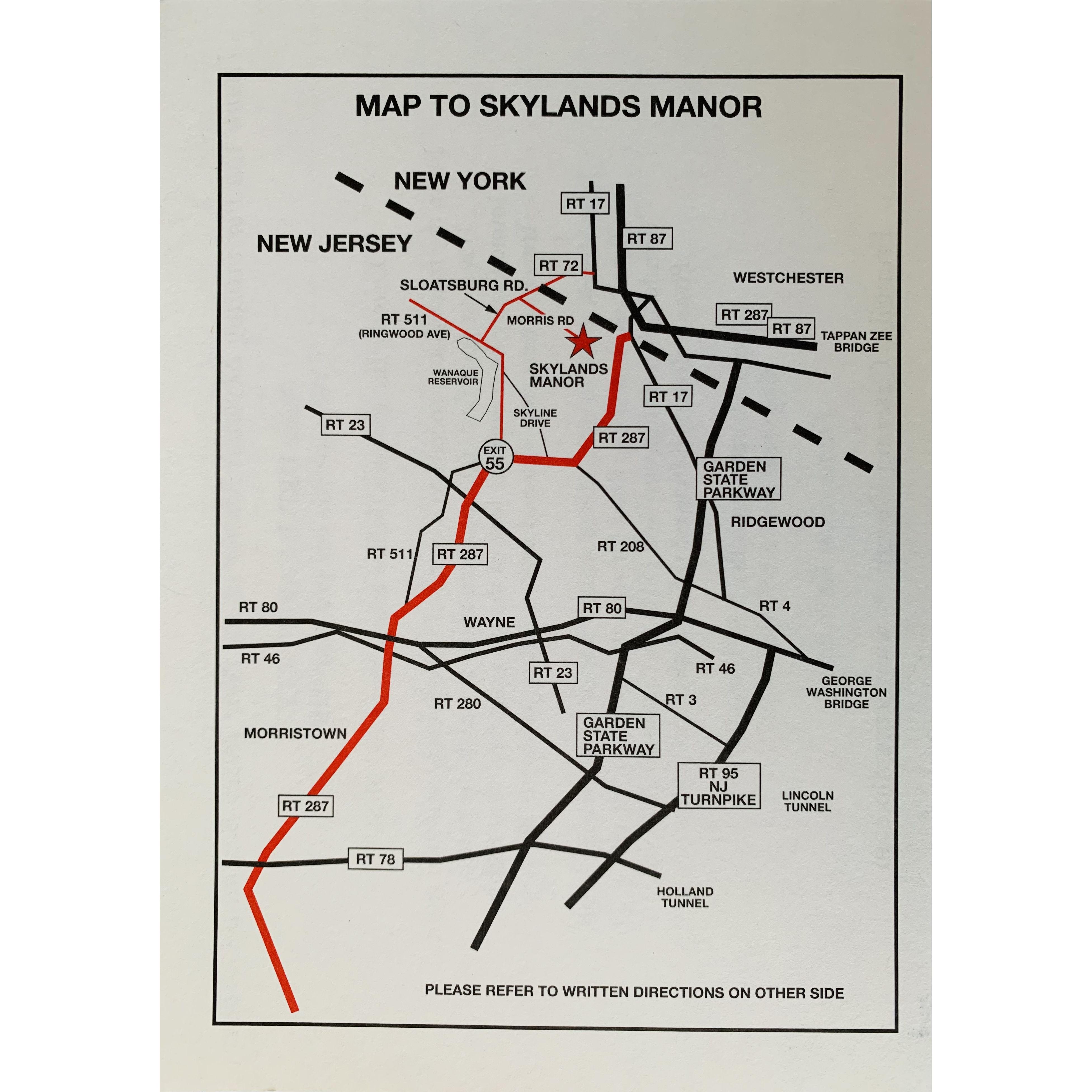 Driving directions map provided by Skylands Manor.