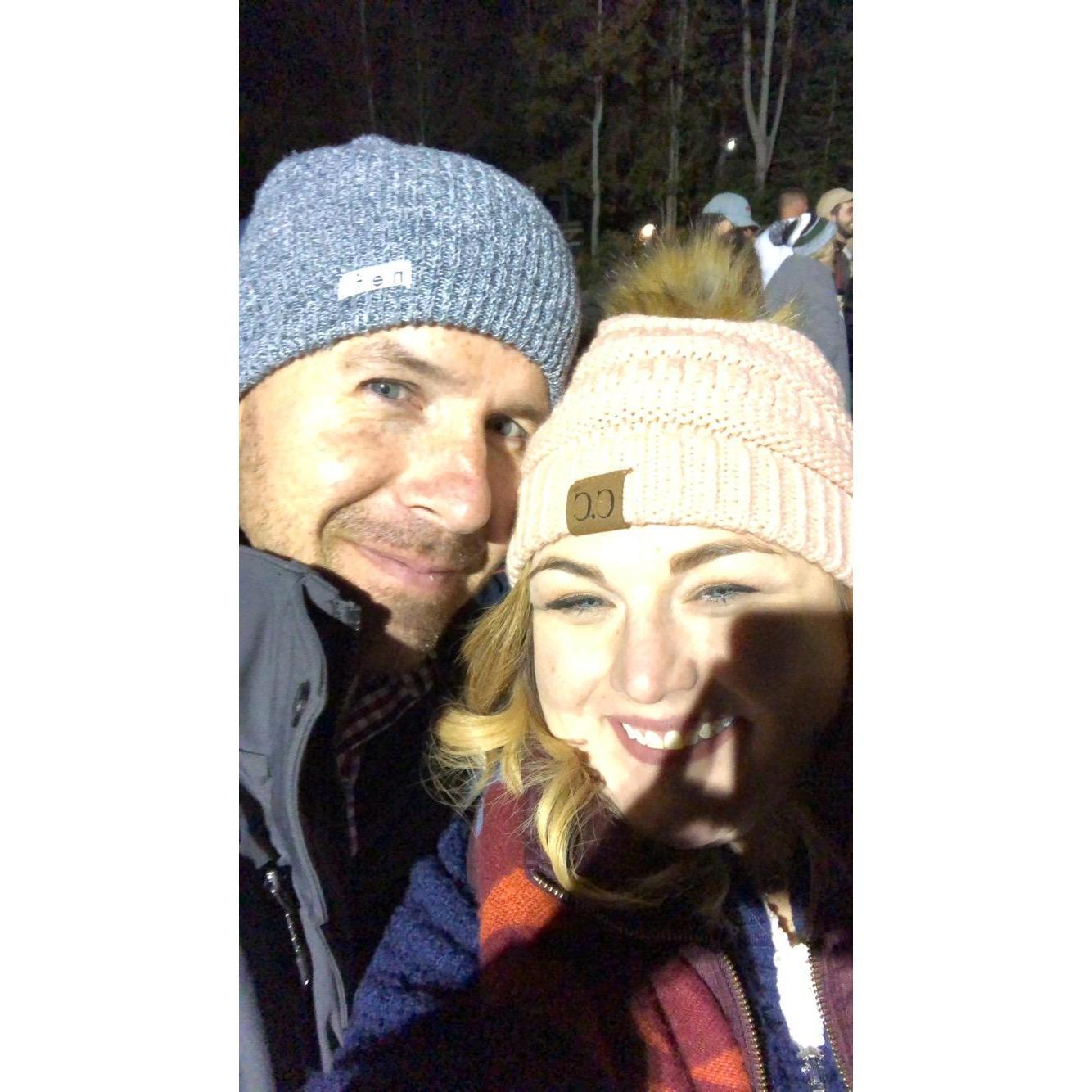 Waiting in line for the moonlight lift ride at Sundance right after Jon proposed!