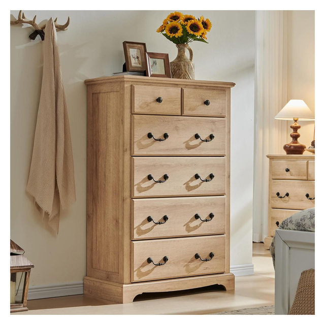 Vintage 6 Drawers Dresser, 48" Tall Wood Rustic Chset of Drawers for Bedroom, Living Room,Hallway, Beige
