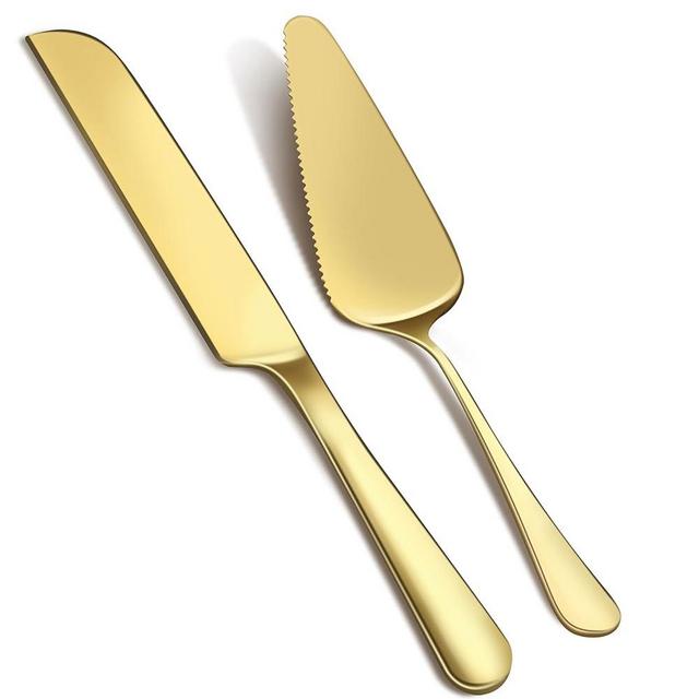 GIEBYIE 2Pcs Wedding Cake Knife and Server Set, Premium Cake Cutter includes 10.63" Cake Knife and 9.25" Pie Server, Stainless Steel Cake cutting set for Wedding, Birthday, Anniversary, Gold