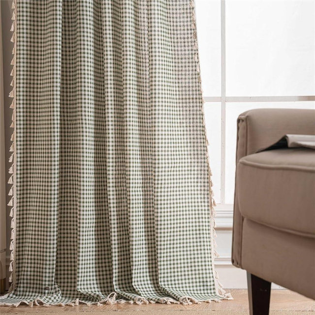 Yunsurey Vintage Paid Curtain 84 inch Length Cotton Blend Gingham Curtain Panels for Living Room 1 Panel Tassel Drape for Home Decor W55 X L84 Inch