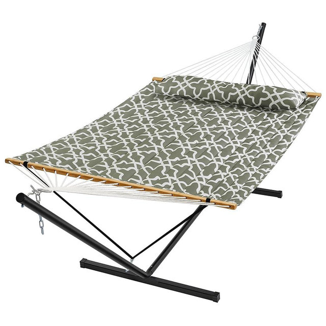 SUPERJARE Hammock with Stand, 2 Person Quilted Outdoor Hammock, Detachable Pillow & Bamboo Spreaders, Portable with Carrying Bag, Heavy Duty Stand, Perfect for Outside, Patio, Grey with White Flower