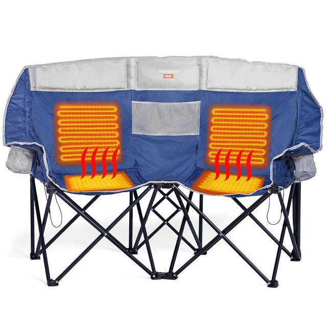 SUNNYFEEL Heated Double Camping Chair, Oversized Folding Loveseat Chair, Heavy Duty Portable/Foldable Lawn Chair for Beach/Outdoor/Travel/Picnic, Fold Up Camp Chairs for Adults 2 People