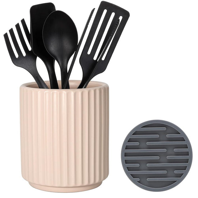 MONOSUGO Kitchen Holder for Cooking Utensils, Kitchen Crocks for Storing Utensils (H5.51” x W4.92”), Flatware & Utensil Storage Spoon Stand Ceramic, Includes Silicone Drying Mat Milk Tea Color