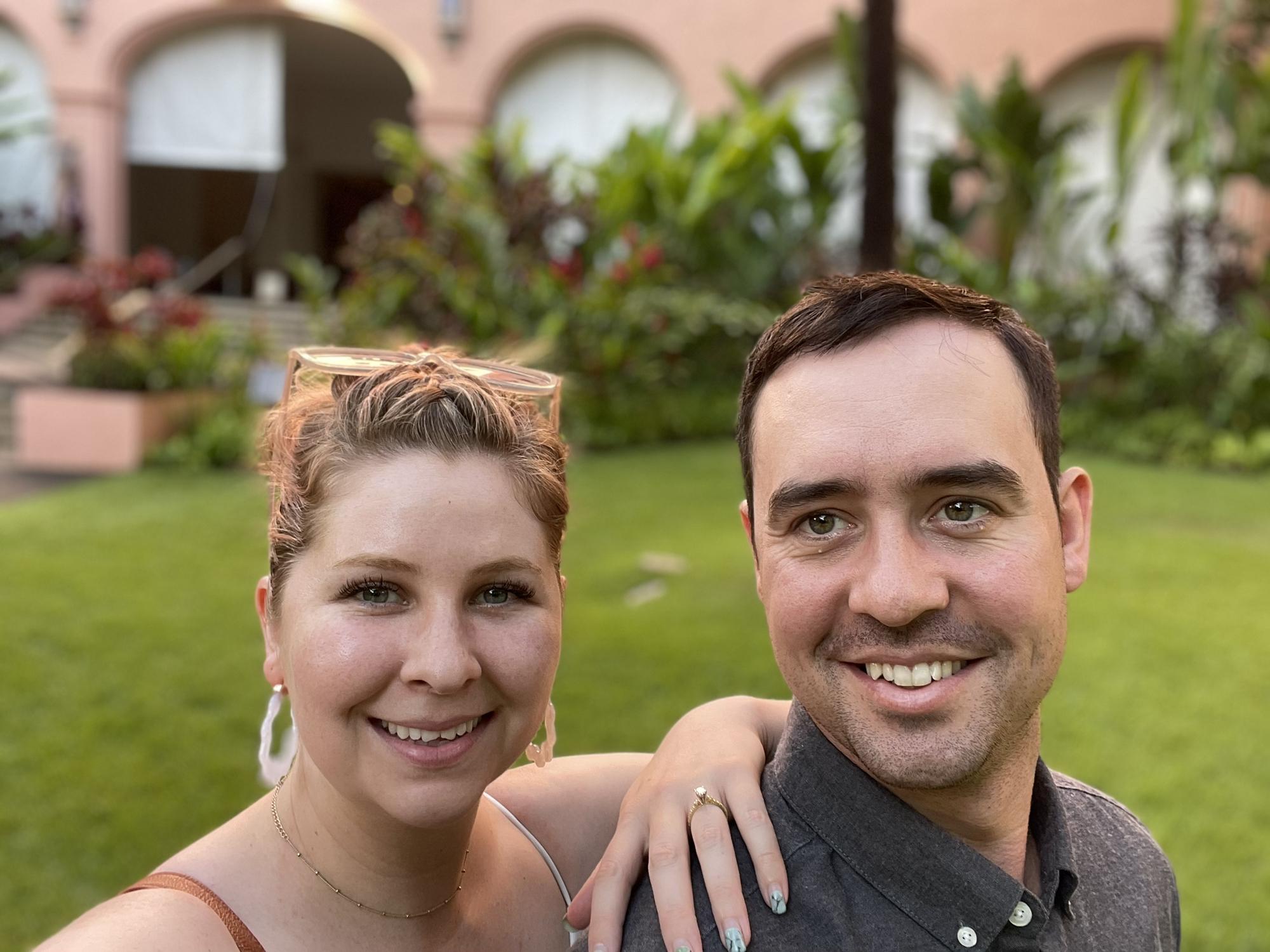 In Hawaii the morning after Nolan proposed. Very casually showing off the ring 😂