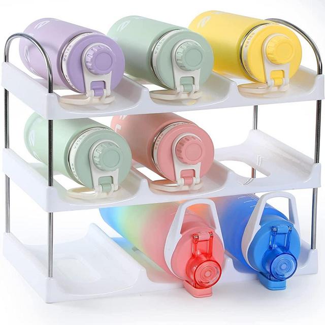 [ Large Compartment ] 3 Tier Water Bottle Organizer for Cabinet - 9 Bottle Holder for Tumblers, Cups, Wine Bottles - Kitchen Organization Shelf Rack for Countertop, Cupboard - Multiuse Home Storage