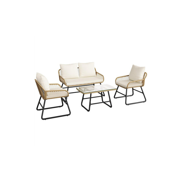Yaheetech Set of 4 Patio Furniture Conversation Set with Cushions & Pillows for Balcony, Garden, Cream