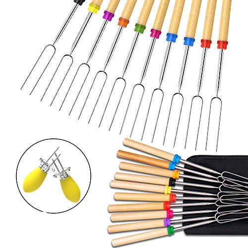 Ezire Roasting Sticks, Marshmallow Roasting Sticks, Set of 10 Barbeque BBQ Skewers, 32-inch Extendable Extended Smores & Hot Dog Fork 2-Pack Corn Holder BBQ at The Campfire(multi-10 Pack)