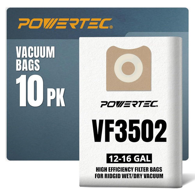 POWERTEC 23743 VF3502 Size A Shop Vacuum Bags for Ridgid 10 Pack, 12-16 Gal. Vacuum Bags for Ridgid HD1200, HD1400 Wet Dry Vac (75002-P5V)