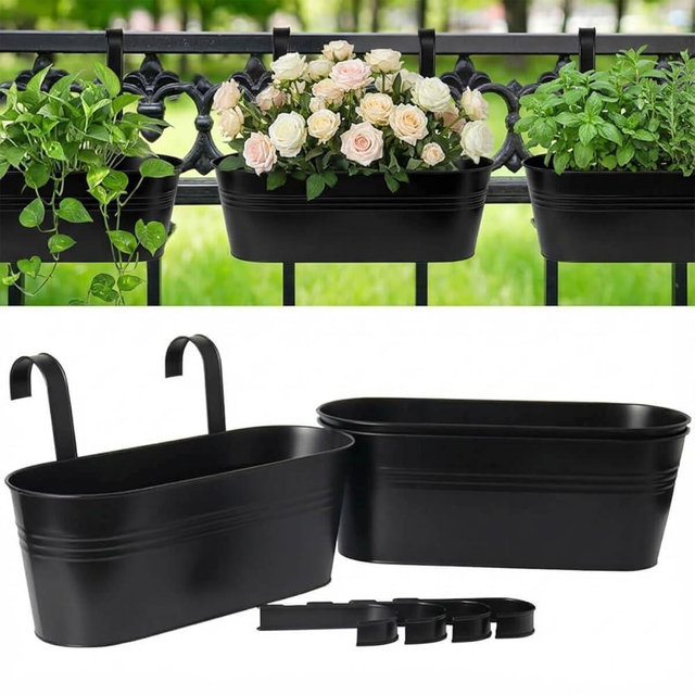 vensovo 16 Inch Railing Planter for Outdoor Plants - 3 Pack Large Metal Balcony Hanging Planters with Detachable Hooks and Drain Holes Oval Box Rail Pots for Home Garden Fence, Black
