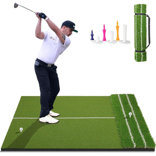 DCQ Real Feel 5x4ft Golf Hitting Mat – Large Dual Turf, Alignment & Angle of Approach Aid, Golf Mat Practice Outdoor & Indoor, Driving Chipping Putting,Golf Training Swing Mat,Gift for Men Dad Golfer