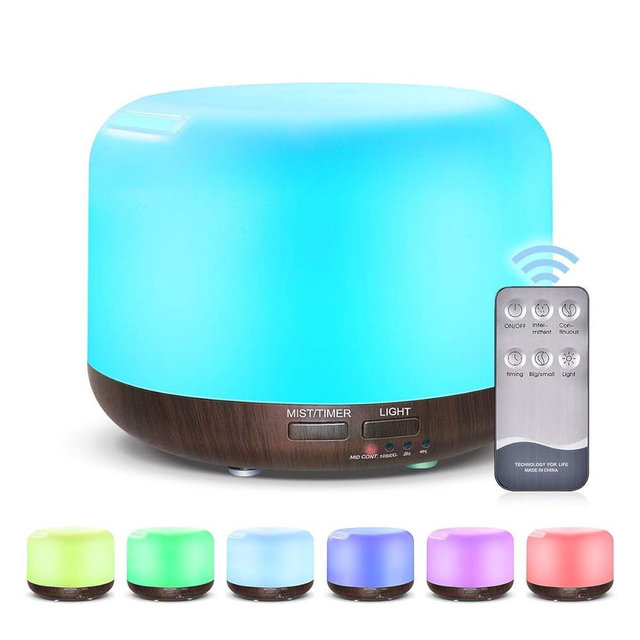 Marchred 300ML Essential Oil Diffuser with Remote Control,Ultrasonic Aromatherapy Air Diffuser Humidifier,Aroma Diffuser with 7 LED Color Changing Light for Large Room,Home (Dark Wood Grain)