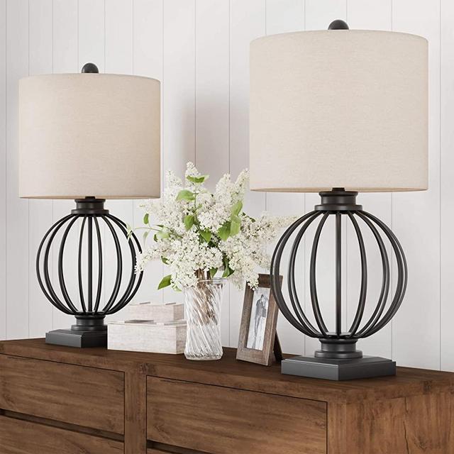 Home Lavish Table Lamps-Set of 2 Wrought Iron Open Cage Orb Lights Bulbs and Linen Shades Included-Modern Rustic Décor