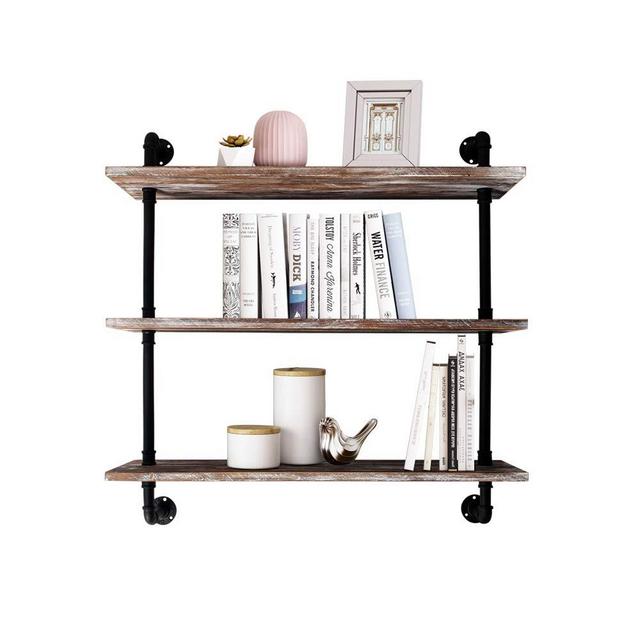 AZ L1 Life Concept Industrial Pipe Bookcase Shelf Retro Floating Wood Shelving, 36 inch, Weatherd Brown
