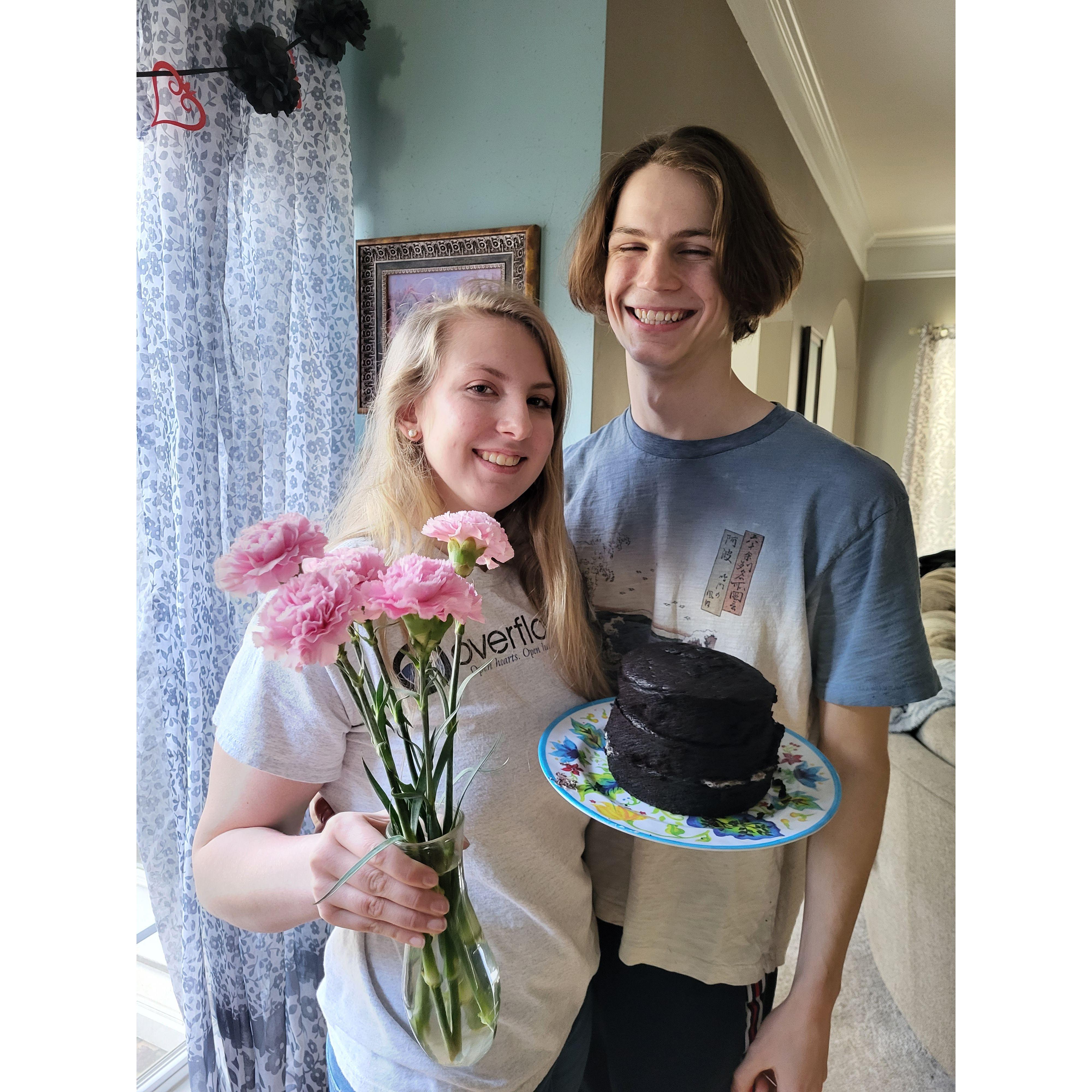 Peter baked Mary a cake and had cake and flowers waiting for her when she got home from a day of tests. His cake tasted great...we'll work on the decor and frosting later!