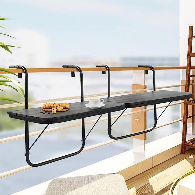 Balcony Railing Table Outdoor Hanging Folding Balcony Bar Table for Railings Patio Hanging Table on Railing Aluminium Metal Side Table Folding Adjustable 23.6"(L) x 15.7"(W) Black Set of 2