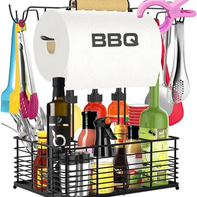 CONCONS Grill Caddy, BBQ Caddy for Outdoor Grill, Camping Essentials, Camping Accessories, Outdoor Kitchen BBQ Grill Accessories for Camper, Picnic Utensil Condiment Caddy, Tailgate Essentials